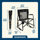 Black Freestyle Rocker shown open and folded, with seat height, width, depth, and total height labeled.