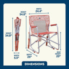 Pink Sundress Freestyle Rocker shown open and folded, with seat height, width, depth, and total height labeled.