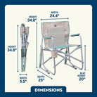 Teal Sundress Freestyle Rocker shown open and folded, with seat height, width, depth, and total height labeled.
