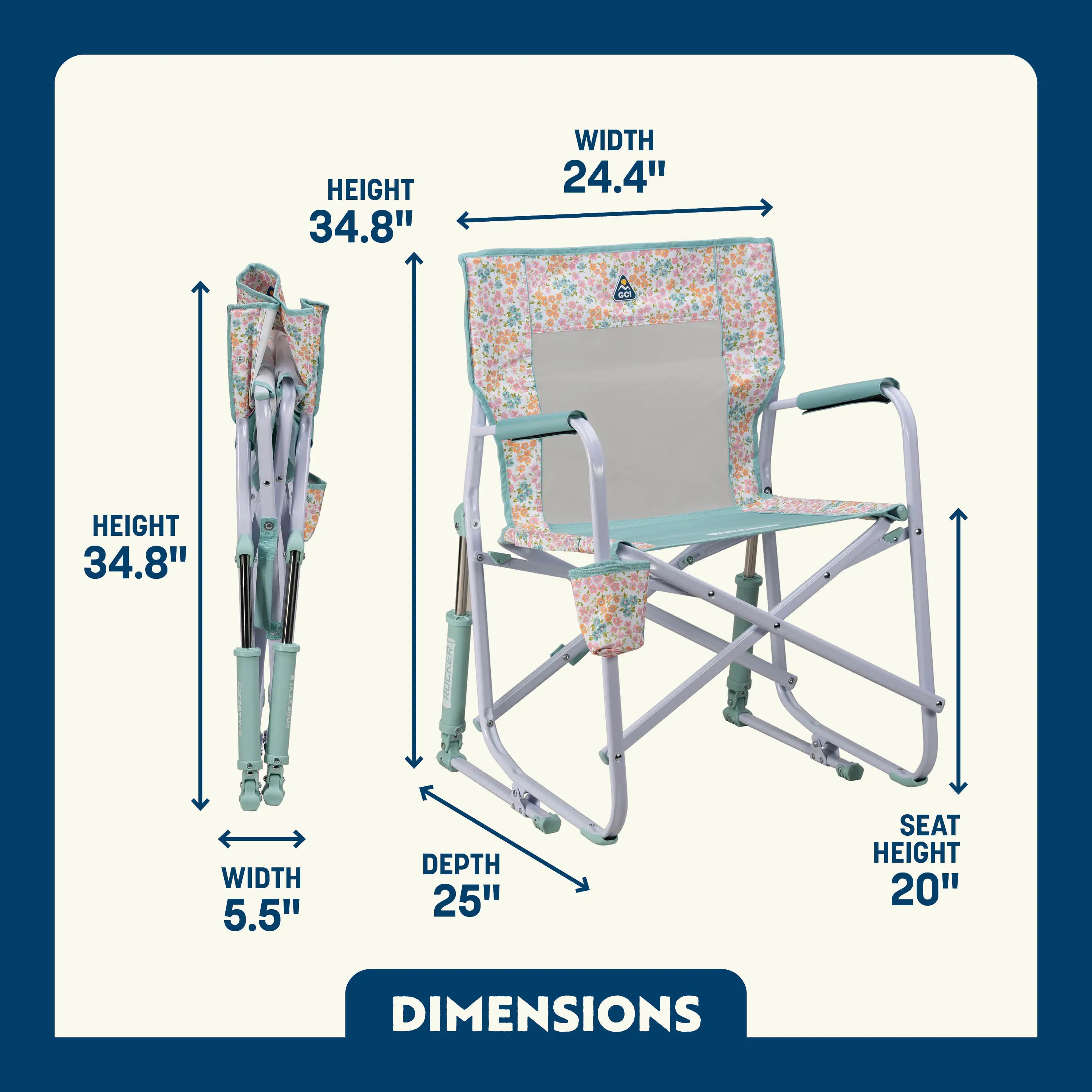 Teal Sundress Freestyle Rocker shown open and folded, with seat height, width, depth, and total height labeled.