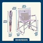 Pink/Purple Freestyle Rocker shown open and folded, with seat height, width, depth, and total height labeled.