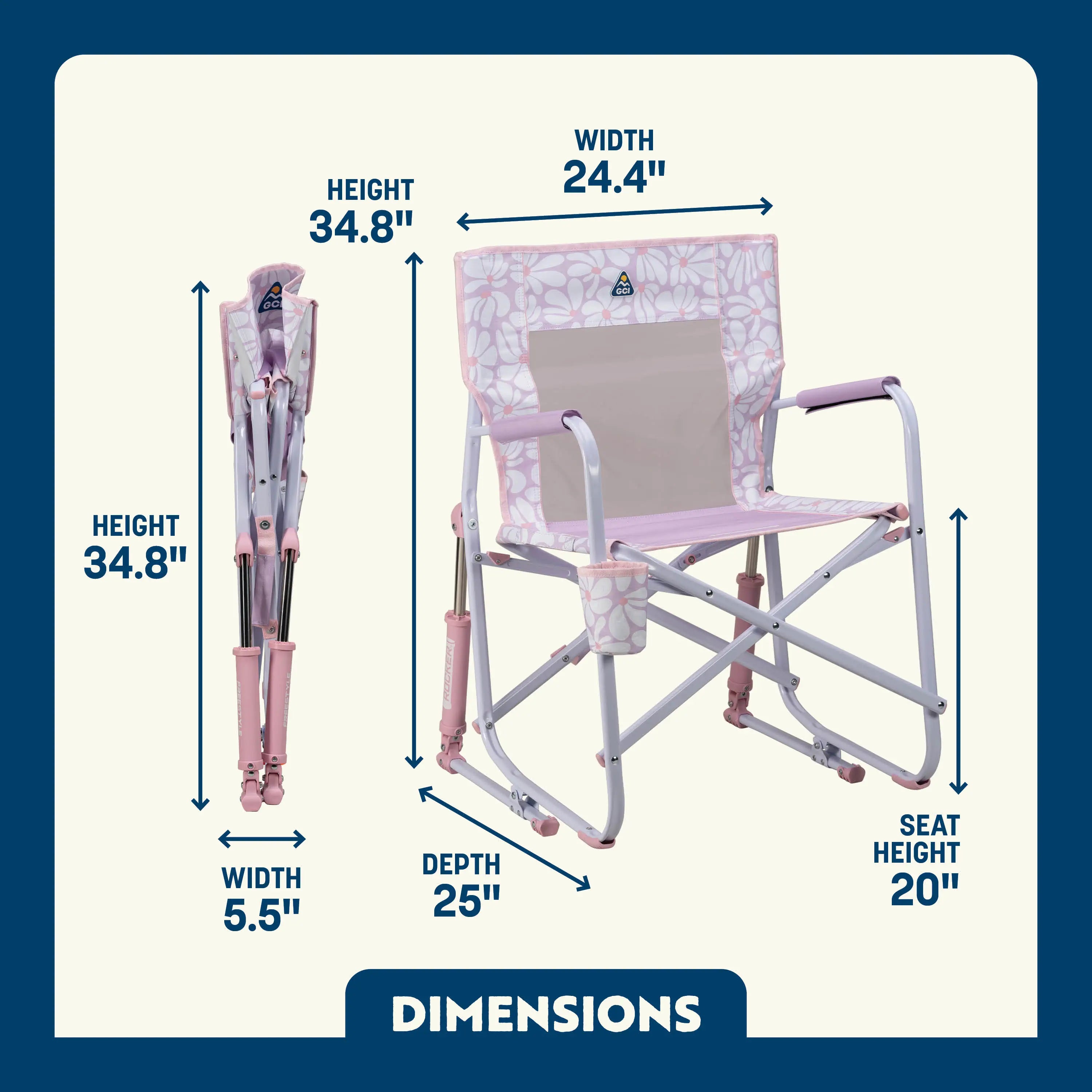 Pink/Purple Freestyle Rocker shown open and folded, with seat height, width, depth, and total height labeled.