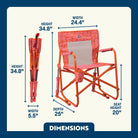 Pink/Orange Freestyle Rocker shown open and folded, with seat height, width, depth, and total height labeled.