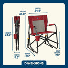 Cinnamon Freestyle Rocker shown open and folded, with seat height, width, depth, and total height labeled.
