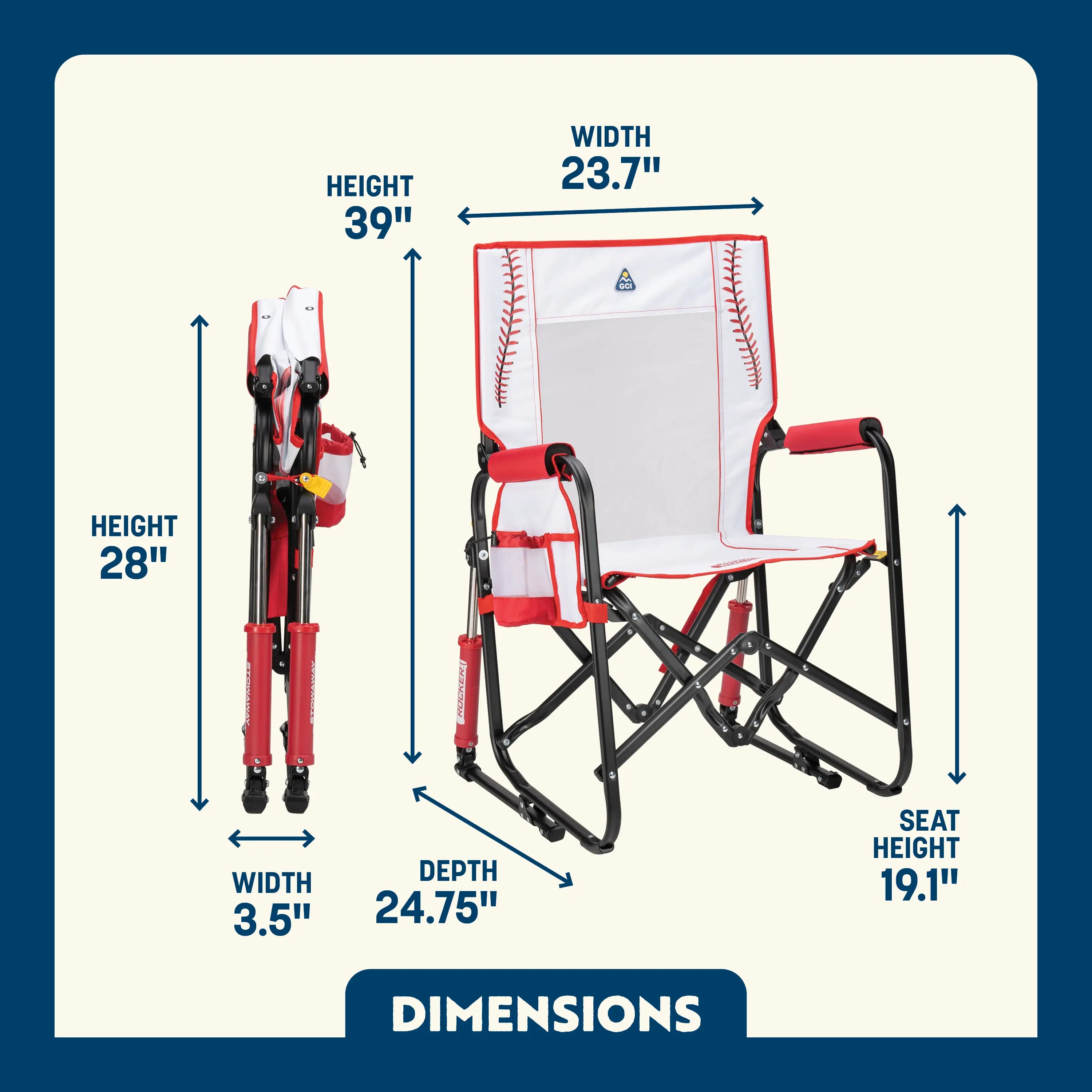 Stowaway Rocker shown open and folded, with compact frame, mesh panel, and labeled seat and chair dimensions.