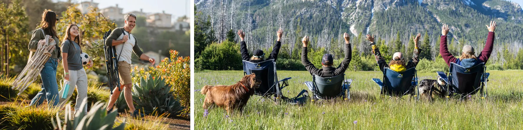 On the left, a family walking together on a gravel path while holding comfort pro rockers. On the right, a group of people sitting in grass looking at a mountain.