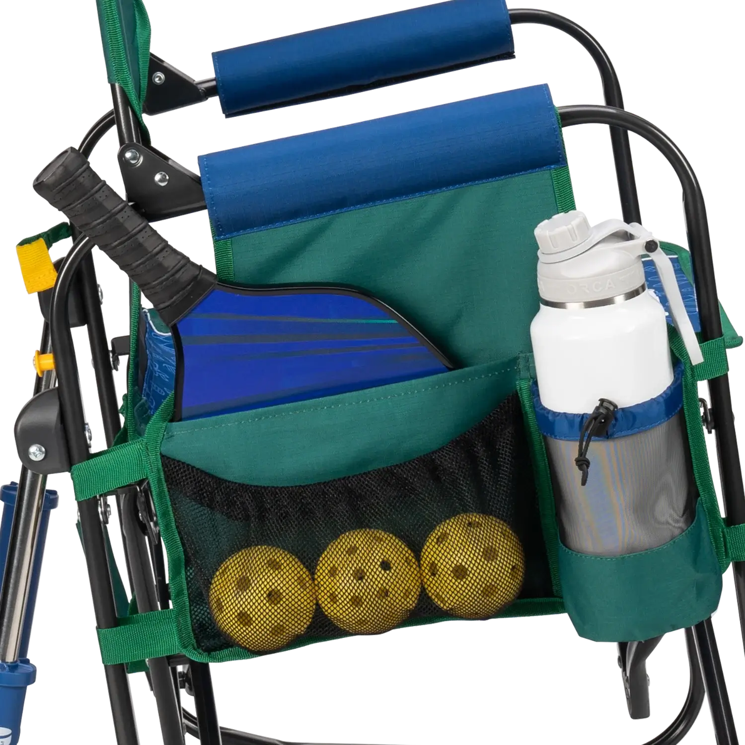 Versatile drink caddy on pickleball stowaway rocker.